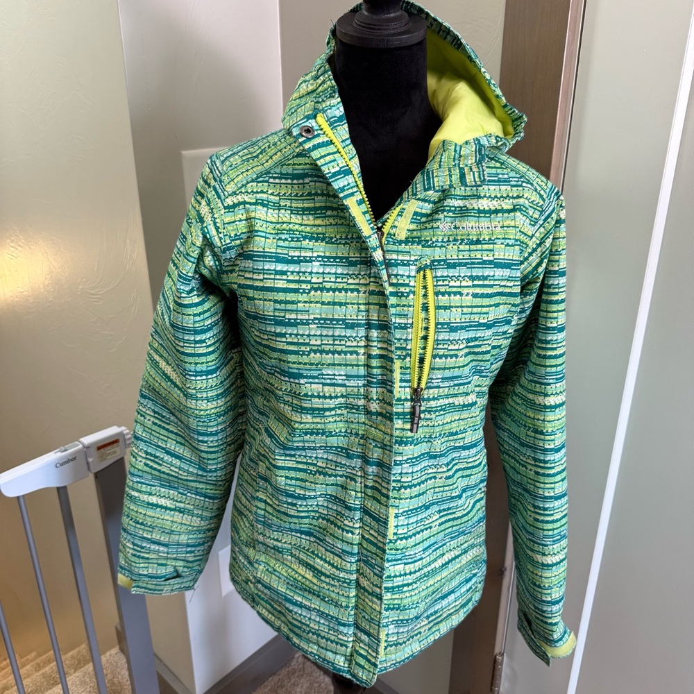 Columbia Girls Omni Heat Green Yellow Hooded Winter Ski Snow Jacket Coat L 14/16